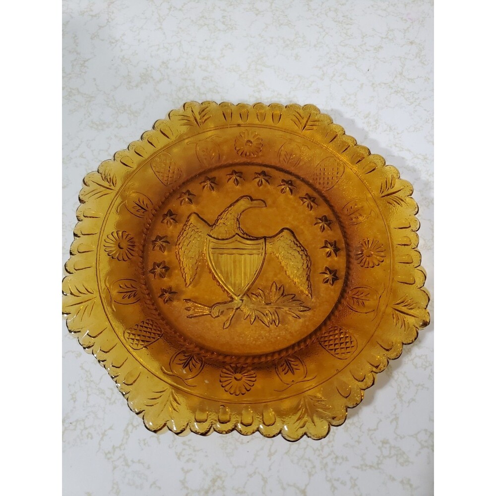 Vintage Indiana Glass Octagonal Amber Patriotic Plate Eagle with 13 Stars 7"